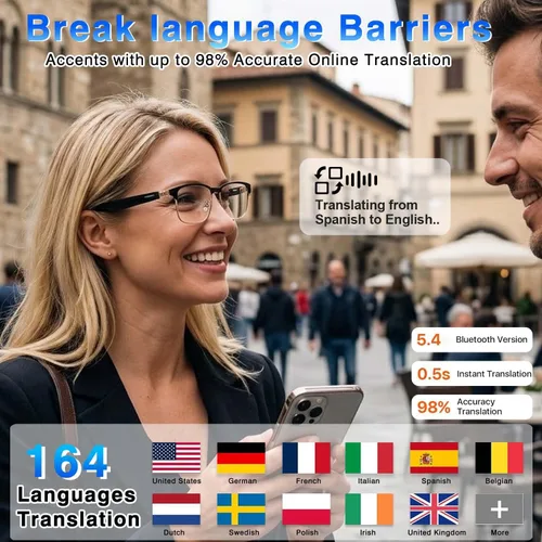 Miniatura 2 de Ai Translation - Gafas inteligentes con Chat GPT y Deepspeek Bluetooth para hombres y mujeres con más de 164 idiomas y acentos, gafas de traducción