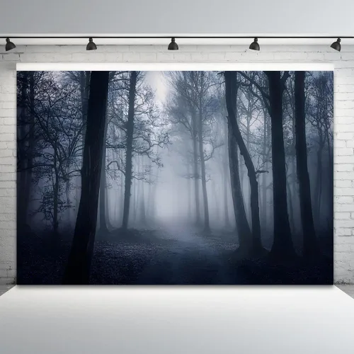Miniatura 12 de Misty Forest Backdrop Halloween Eve Dark Blue Fog Fall Autumn Maple Leaves Woods Background for Thanksgiving Party Photography Studio Photo Booth