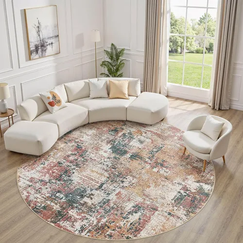 Miniatura 40 de Tortania Alfombra redonda lavable de 5 pies para sala de estar: Alfombra moderna abstracta neutra grande suave y delgada – Alfombra antideslizante