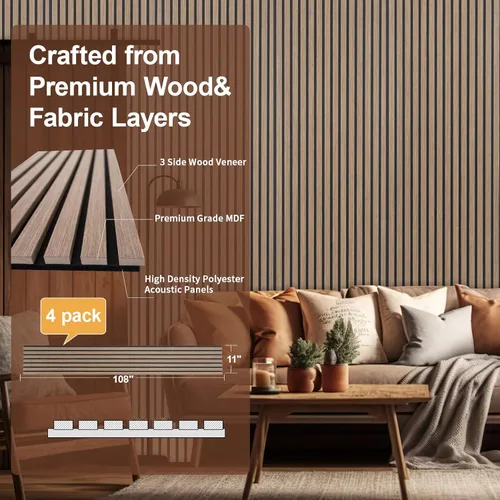 Miniatura 2 de Yuzzy Paneles de madera para pared, paneles acústicos de listones de madera de nogal oscuro de 9 pies, 4 unidades, paneles de pared modernos que