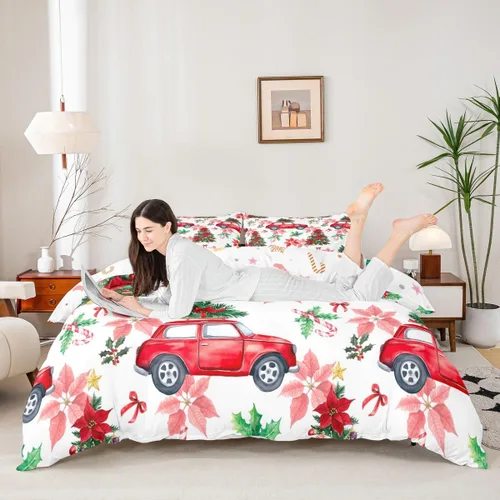 Miniatura 5 de Erosebridal Juego de funda de edredón de flores de pascua, diseño de árbol de Navidad verde, tamaño individual, colorido con luces de Navidad, juego