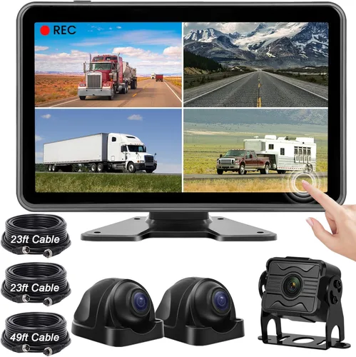Sistema de cámara de respaldo con cable de 3 cámaras para camiones/RV/remolque/autobús/tractor Monitor táctil de 10.1 pulgadas, grabación en bucle,