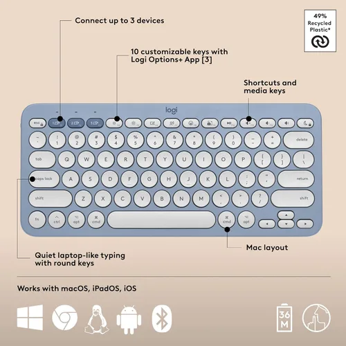 Miniatura 6 de Logitech Pebble 2 Combo para Mac, Teclado y Mouse Inalámbricos, Delgado, Silencioso y Portátil, Personalizable, Mouse y Teclado Bluetooth, Azul tonal