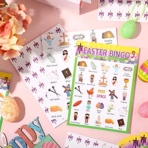 Miniatura 7 de Lewtemi Juego de bingo de Pascua, tarjetas de bingo religiosas con 24 jugadores, juegos para adultos y familia, adolescentes, suministros escolares