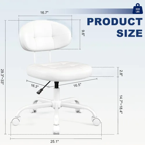 Miniatura 2 de Misolant Silla de tocador con respaldo, pequeña silla de oficina sin brazos con ruedas y soporte lumbar, cómodas sillas de escritorio de piel Blanco