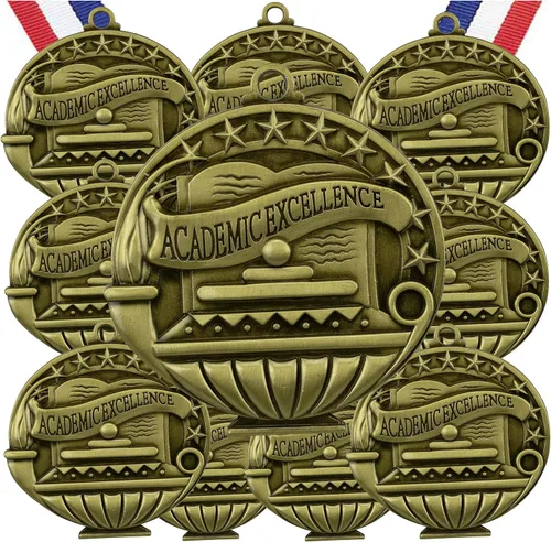 Miniatura 3 de Express Medals Pack of 10 (or More) Engraved Scholastic Honor Roll Award Medals with RWB Neck Ribbons