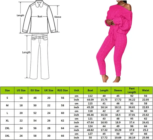 Miniatura 4 de Conjunto de pantalones largos de punto de 2 piezas para mujer, conjunto de suéter de punto torcido de un hombro, traje de suéter de color liso