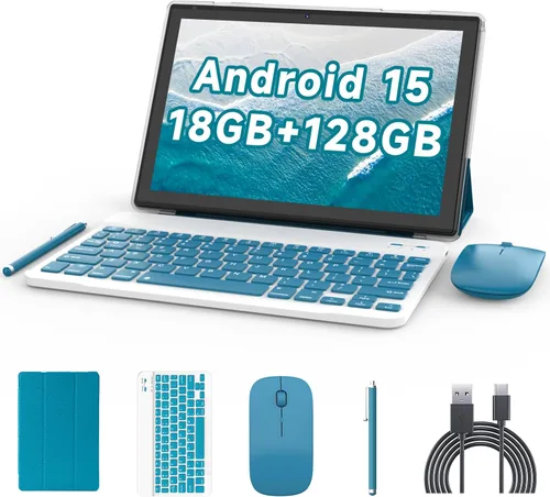 Tableta de 10 pulgadas con teclado Android 15 (NO GO) Tabletas 2 en 1 Tableta 18GB RAM 128GB Soporta expansión de 2TB Tabletas incluyen estuche Azul