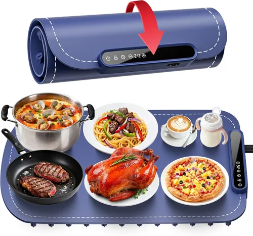 Tapete de calentamiento para alimentos, bandeja de calentamiento eléctrico de calentamiento rápido mejorada con 7 niveles de temperatura y 8 Azul