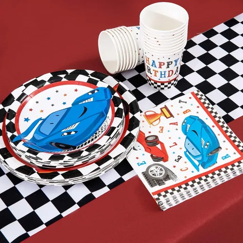 Miniatura 4 de WERNNSAI Decoraciones de fiesta de autos de carreras, 64 piezas, platos de automóvil, servilletas y tazas, vajilla temática a cuadros para niños