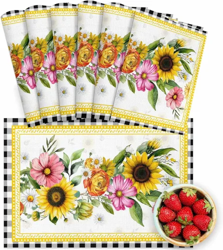 Miniatura 38 de Juego de 4 manteles individuales de verano con diseño de limón, lavables, de PVC, color negro y blanco, a cuadros amarillos, manteles individuales