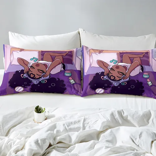 Miniatura 4 de Juego de edredón de niña negra afroamericana, tamaño individual, edredón mágico para niñas negras para decoración de dormitorio Kawaii, juego