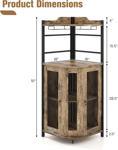 Miniatura 3 de LOKO Armario esquinero para bar de vinos, gabinete industrial para vinos con puertas de malla metálica y estante ajustable, gabinete de licor
