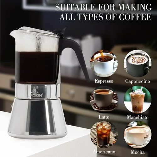 Miniatura 5 de LAOION Cafetera de café expreso, 3 tazas de 5.4 fl oz, cafetera de cristal y acero inoxidable, cafetera moca, cafetera Greca de Café, cafetera