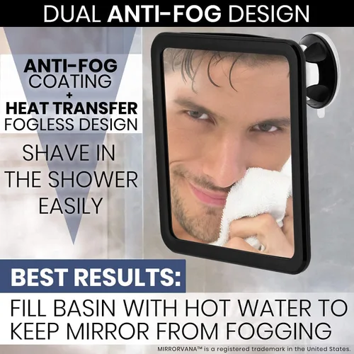 Miniatura 2 de MIRRORVANA Espejo de ducha sin niebla para afeitar con succión mejorada, diseño antiniebla dual, superficie irrompible y giro de 360°, 8" x 7