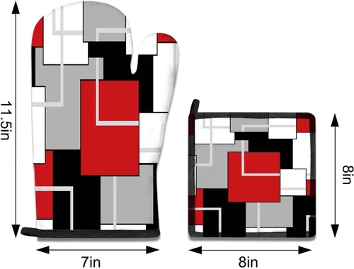 Miniatura 6 de MCALK Juego de 5 guantes de horno rojos y soportes para ollas, guantes de horno negros geométricos y almohadillas calientes para cocinar