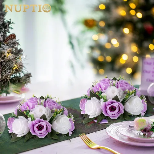 Miniatura 2 de NUPTIO Centros de mesa de boda de flores para mesas, 10 piezas de 9.5 pulgadas de diámetro, flores artificiales color lila y blanco, bola de rosas