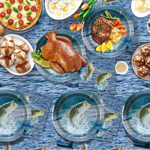 Miniatura 7 de Decoraciones de fiesta de pesca Gone Fishing Juego de vajilla de pesca Platos de pesca cubiertos desechables para mesa Vajilla de pesca para True