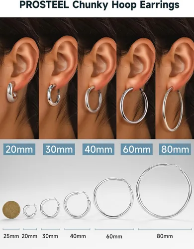Miniatura 4 de Aretes de aro gruesos de acero inoxidable para mujer, minimalistas y elegantes, chapados en negrooro, aretes redondos hipoalergénicos, tamaño 1.181