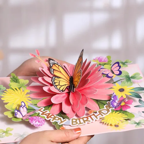 Miniatura 7 de Tarjetas de cumpleaños desplegables para mujeres y esposa, hermosas flores y mariposa monarca, elegante, floral 3D, tarjetas de felicitación