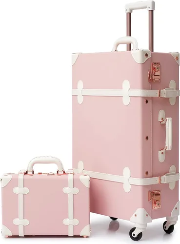 Lindo juego de 2 piezas vintage con funda de mano, aprobado por la TSA, ruedas giratorias, rosado (Adorable Pink), Vintage