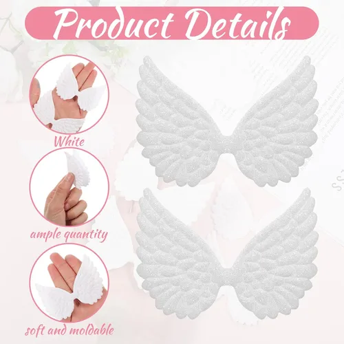 Miniatura 3 de 40 piezas de alas de ángel para manualidades, tela con purpurina, bonitos parches de alas de ángel en relieve, parches de alas blancas en relieve