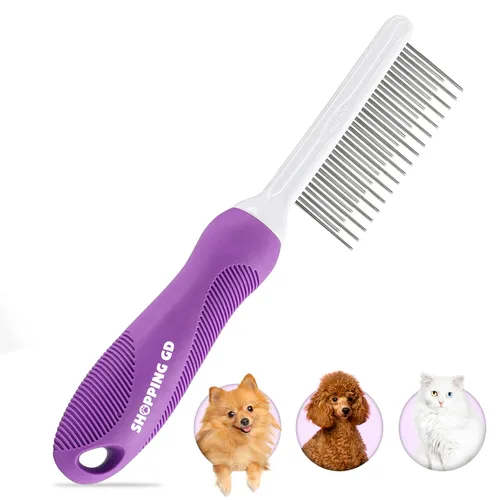 Peine desenredante para mascotas para perros y gatos con dientes metálicos largos y cortos de acero inoxidable para eliminar enredos y nudos.