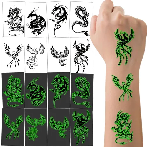 16 hojas de tatuajes temporales luminosos de dragón fénix que brillan en la oscuridad dragón decoración de fiesta de cumpleaños, suministros para
