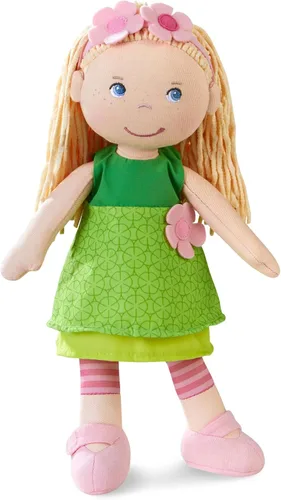 Miniatura 11 de HABA Coco - Muñeca de bebé suave de 12 pulgadas con pelo castaño, cara bordada, vestido verde extraíble, diadema a juego, lavable a máquina, 18
