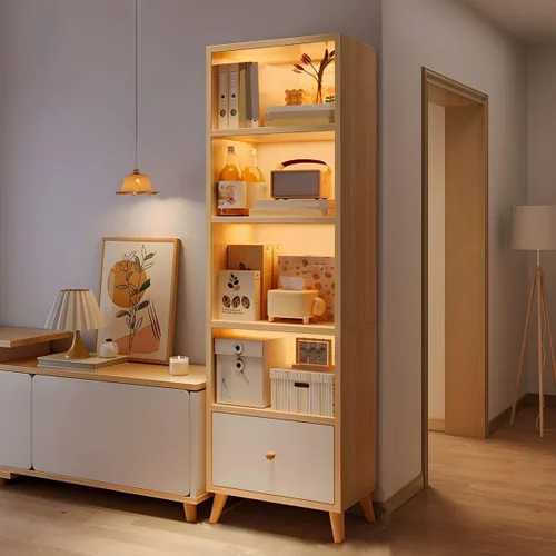 Miniatura 12 de Estantería moderna con cajones y armario de almacenamiento de madera con parte trasera cerrada, estantería independiente para oficina en casa, sin
