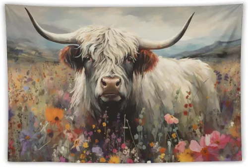 Miniatura 9 de FeoYoed Tapiz de vaca de las montañas para colgar en la pared, estético, lindo y divertido animal, decoración floral, dormitorio, sala de estar