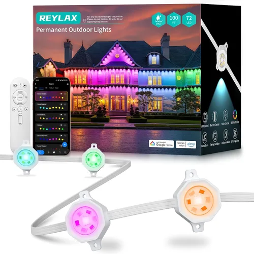 Miniatura 11 de REYLAX Luces permanentes para exteriores de 100 pies con 60 luces LED, luces de alero RGB+IC, IP67 impermeable, múltiples escenas para decoración