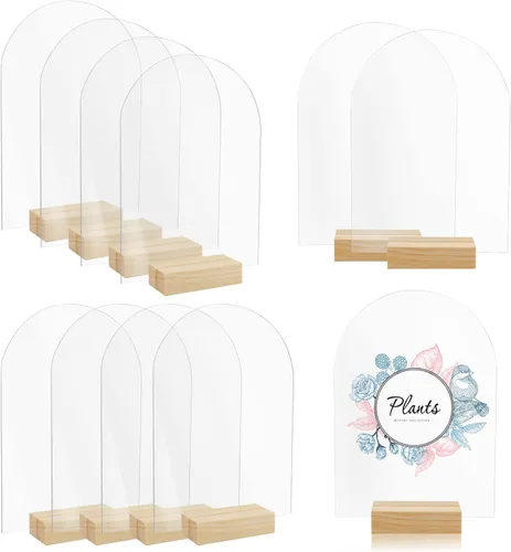 Bercoor Paquete de 10 carteles acrílicos de arco transparente en blanco de 5 x 7 pulgadas con soportes de madera, hoja acrílica arqueada, números de