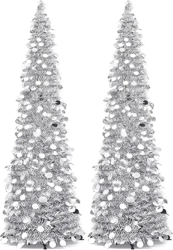 Leyndo - 2 piezas de árbol de Navidad artificial plegable de 1.5 m, tipo lápiz, con lentejuelas plateadas, árbol navideño delgado para decoración