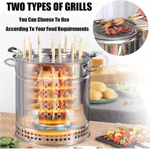 Miniatura 5 de Parrilla de barbacoa de barril de carbón ahumador, estufa colgante para barbacoa, parrilla de barbacoa de acero inoxidable con 20 pinchos de kabob