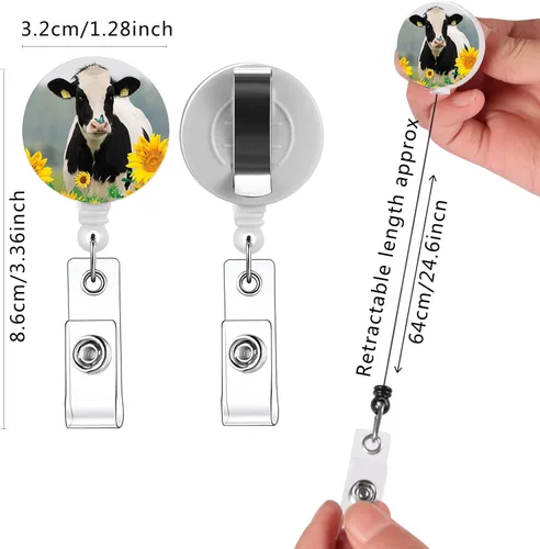 Miniatura 6 de Paquete de 15 carretes de insignia con diseños de tortuga, cerdo y vaca, portainsignias retráctiles, clip retráctil para tarjeta de identificación