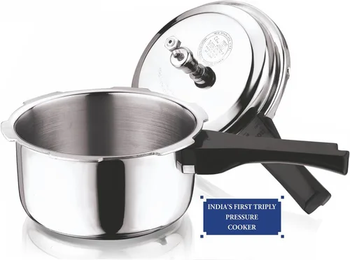 Miniatura 7 de Vinod Platinum Triply - Olla a presión de acero inoxidable de triple capa con tapa exterior - 68 onzas, apta para inducción, certificada ISI, olla a