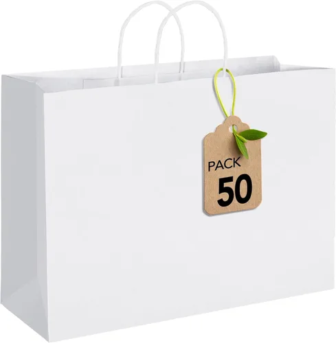 Miniatura 25 de Bolsas de papel blanco MESHA con asas 10x5x13 pulgadas, paquete de 50, grandes bolsas de regalo de papel kraft con asas a granel para pequeñas