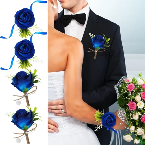 Miniatura 8 de Aoriher Juego de 4 ramilletes y boutonniere para fiesta de boda, 2 pulseras de ramillete de rosas para baile de graduación, dama de honor, Azul