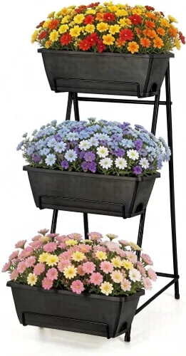Miniatura 8 de Cama de jardín elevada vertical de 3 niveles, soporte de macetas de jardín elevadas, caja de maceta de jardín vertical con agujeros de drenaje
