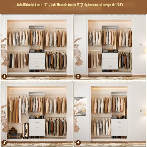 Miniatura 5 de Aheaplus Sistema de Armario, Organizador de Armario con 3 Cajones de Madera, Sistema Organizador de Armario, Armario Walk-in con Perchero para Ropa