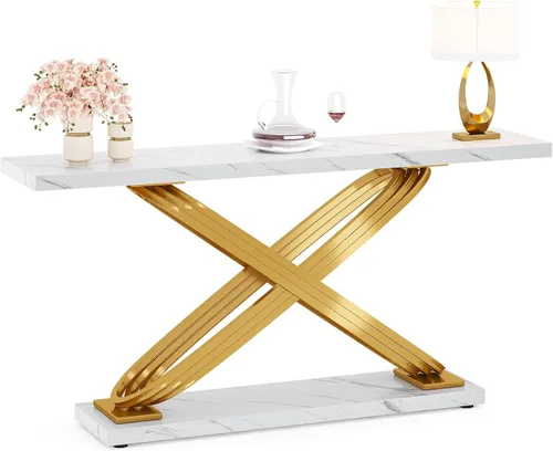 Miniatura 9 de Tribesigns Mesa consola dorada de 55 pulgadas, moderna mesa de entrada de mármol sintético con base geométrica de metal, mesa de sofá larga
