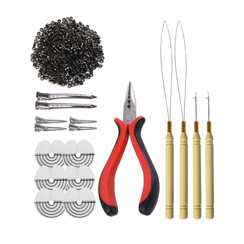 Miniatura 22 de Kit de herramientas de 200 piezas de extensiones de cabello de microanillos de silicona: alicates de pelo de tres agujeros, aguja de gancho de micro