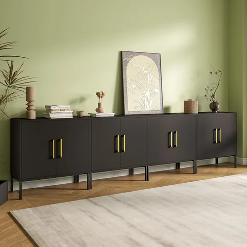 Miniatura 17 de JOZZBY Aparador de buffet con almacenamiento, gabinete de madera moderno con estantes ajustables, gabinetes negros y dorados para sala de estar