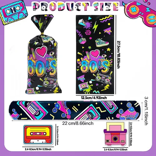 Miniatura 3 de CHSLtmxq 122 PCS Decoraciones de Fiesta de los Años 80, Set de Suministros de Favores de Fiesta Temática de los Años 90, Pulseras Slap y Llaveros