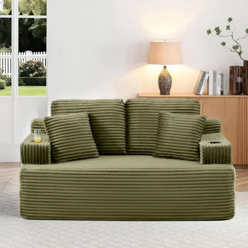Miniatura 43 de Sofá sin hueso de 66.5 pulgadas con portavasos y bolsillos laterales, sofá biplaza tapizado de tela de pana moderna con 2 almohadas para sala