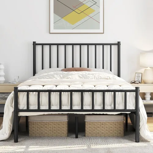 Miniatura 9 de Topeakmart Base de cama individual de metal negro con cabecero y estribo, base de cama de plataforma individual, resistente, no necesita somier