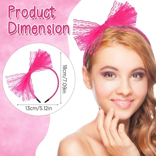Miniatura 2 de Neon Lace Bow Headband, Elastic Women's 1980s Neon Lace Headband 1980s Cosplay Hair Accessories for Women