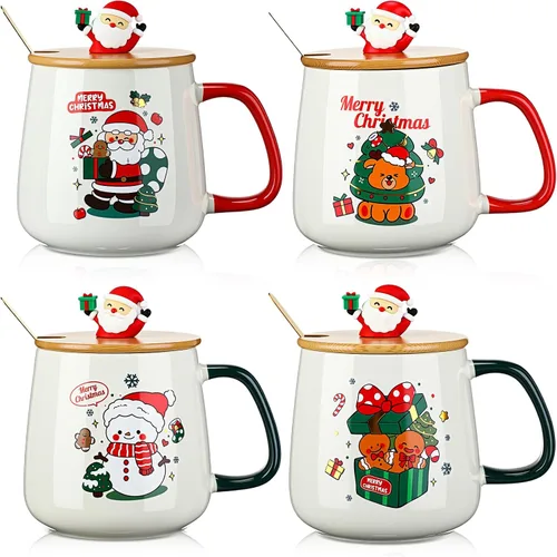Miniatura 8 de Yaomiao 4 Tazas de Navidad con Tapa de Gorro de Santa y Cuchara 16 oz Taza de Café de Cerámica Linda de Navidad Árbol Festivo Campana Santa Muñeco