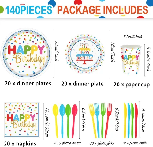 Miniatura 2 de Juego de 140 piezas de suministros para fiesta de cumpleaños con diseño colorido de lunares, incluye platos desechables de cumpleaños y servilletas